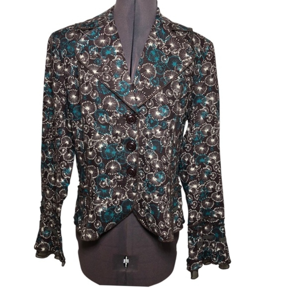 Ali miles Linen Long Sleeve‎ 3 Buttons Brown Teal White Print Jacket 10